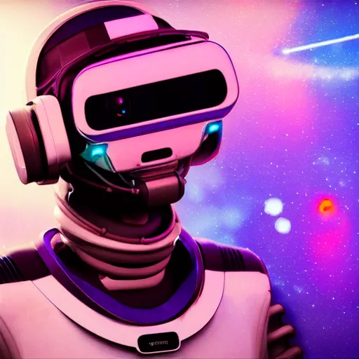 Image similar to cyberpunk astronaut bot, cinema 4 d, galaxy, ufo, space sci - fi, wearing vr goggles, illustration, portrait, pastel neon textured background night, trending on artstation, greg rutkowski, octane rendered, 1 2 k, detailed,