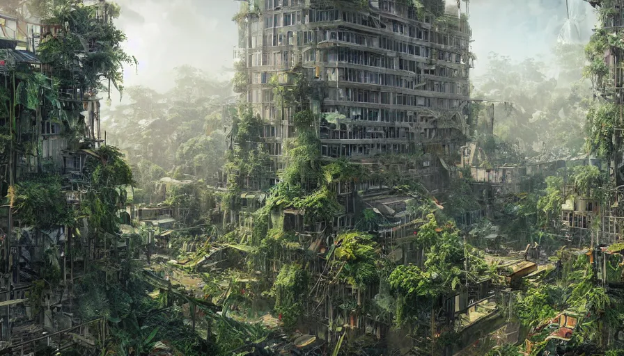 Prompt: Abandoned city of Seattle turned into a jungle, hyperdetailed, artstation, cgsociety, 8k