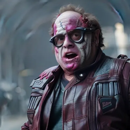 Prompt: film still of zombie danny devito as zombie starlord in guardians of the galaxy ( 2 0 1 4 )