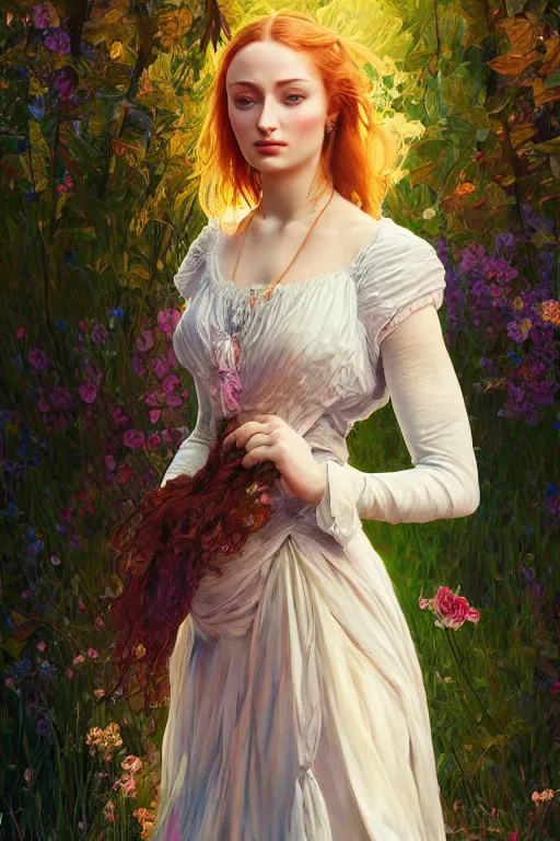 Image similar to sophie turner as marie antoinnette detailed clothing, half body shot, arms down, path traced, highly detailed, high quality, digital painting, alena aenami, lilia alvarado, shinji aramaki, karol bak, alphonse mucha, tom bagshaw