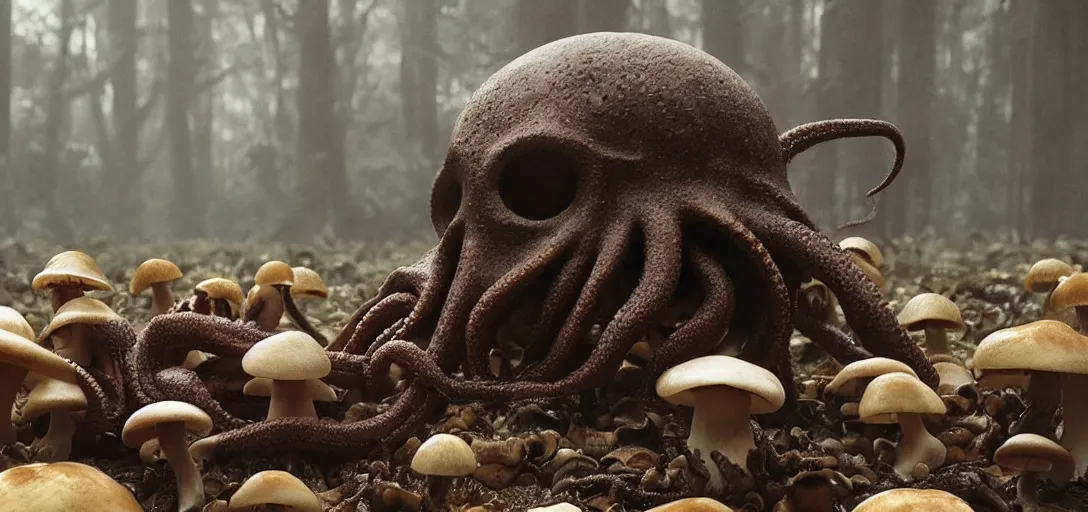 Prompt: an octopus in the shape of a skull surrounded by mushrooms at noon, foggy, cinematic shot, photo still from movie by denis villeneuve, wayne barlowe