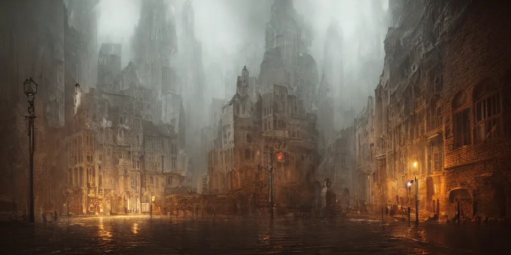 Image similar to A hauntingly beautiful city in a dark cavern, rainy and gloomy atmosphere, fantasy digital art, octane render, beautiful composition, trending on artstation, award-winning photograph, masterpiece