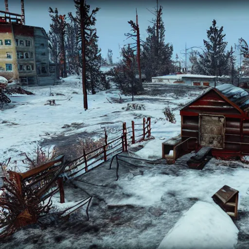 Image similar to Lapland in winter in ruins post-nuclear war in Fallout 4, in game screenshot