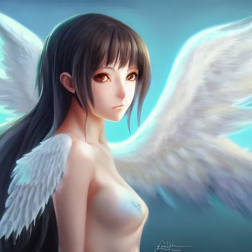 Image similar to an oil painting of a beautiful anime girl with angel wings, by artgerm, hd, hdr, ue 5, ue 6, unreal engine 5, cinematic 4 k wallpaper, 8 k, ultra detailed, high resolution, artstation, award winning