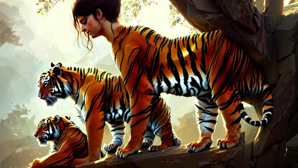 Image similar to the relationship between a girl and a tiger. they love each other, girl with beautiful woman body, detailed digital art by greg rutkowski.