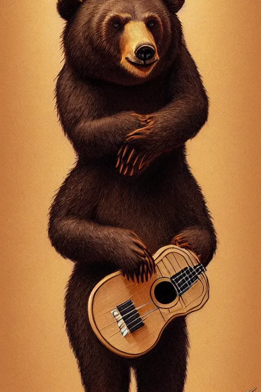 Image similar to realistic bear playing triangular body of ukulele, realistic portrait, symmetrical, highly detailed, digital painting, artstation, concept art, smooth, sharp focus, illustration, cinematic lighting, art by artgerm and greg rutkowski and alphonse mucha