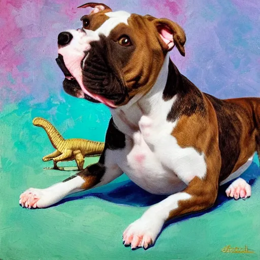 Prompt: pitbull bulldog mix with brindle coat and white paws and white chest playing with a dinosaur plushie. oil painting. impressionist. sunny day.