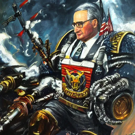 Prompt: painting of Harry S. Truman in the Warhammer 40 K universe in the middle of a raging battle, very high detail