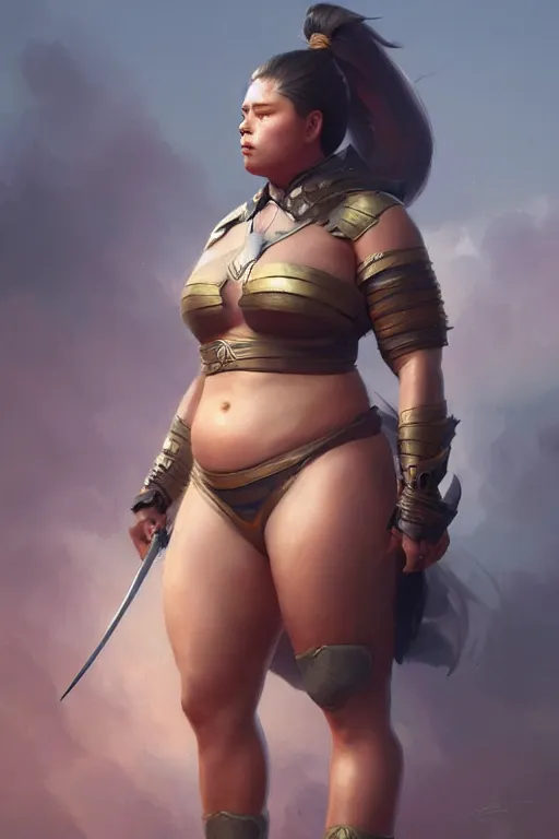 Image similar to portrait of a beautiful chonky young female warrior in the middle of a fight as drawn by eric anthony johnson ericanthonyj artstation artgerm greg rutkowski and magali villeneuve 8 k subsurface scattering, soft light