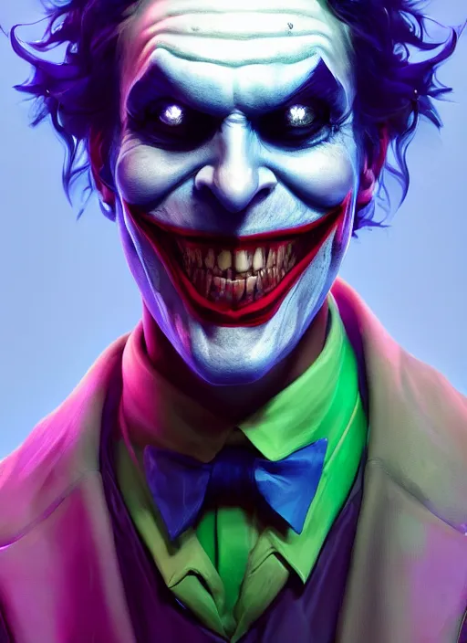 Prompt: glowwave portrait of joker who laughs, au naturel, hyper detailed, digital art, trending in artstation, cinematic lighting, studio quality, smooth render, unreal engine 5 rendered, octane rendered, art style by francesco mattina and ian sprigger and wlop and krenz cushart.