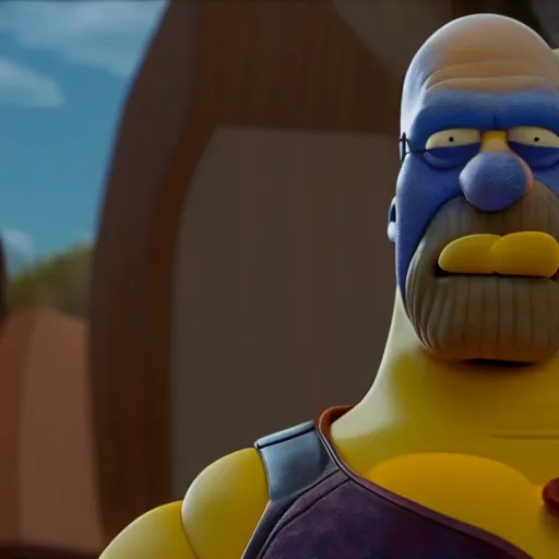 Image similar to CG lifelike Homer Simpson as Thanos, cinematic, 4K