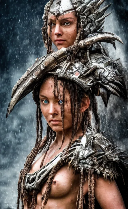 Image similar to wet ancient princess tribeswoman in battlerage, destroyed armor inspired by monster hunter, low shot, muscular body, symmetrical face, clean face, subtle make up, destruction around her, frozen time,dramatic lighting, cinematic, establishing shot, extremely high detail, photorealistic, 300 the movie,monster hunter the movie, dune the movie, cinematic lighting, artstation, octane render, western,old photo, vintage