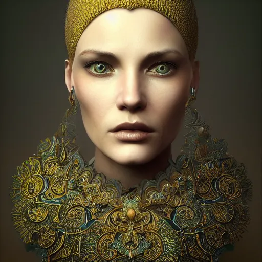 Prompt: beatifull frontal face portrait of a woman, mandelbrot fractal, intricate, elegant, highly detailed, ornate, ornament, elegant , luxury, beautifully lit, ray trace, octane render in the style of Gerald Brom and Andrew Wyeth