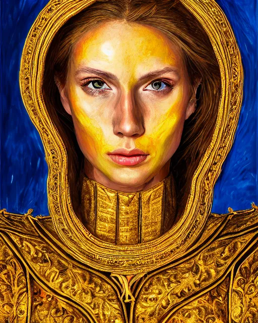 Prompt: tempera painting portrait of woman in shining golden armor, high production value, intricate details, high resolution, hdr, high definition, masterpiece, realistic, ultrarealistic, highly detailed, hd, sharp focus, non blurry, sharp, smooth