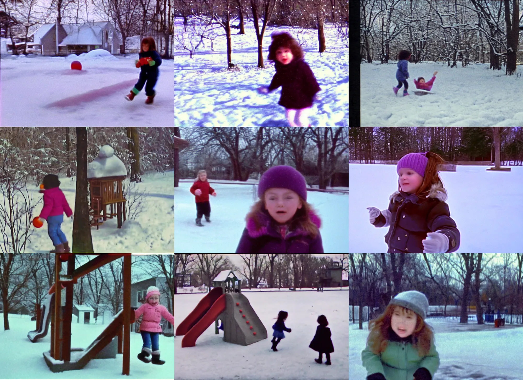 Prompt: Home video footage, A girl playing in the playground, winter. Color VHS picture quality with mixed noise, Filmed by dad.