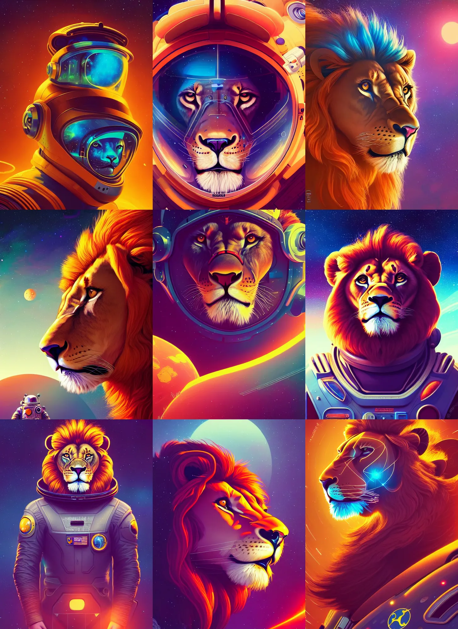 Prompt: retrofuturistic portrait of a lion in small astro suit, space graphics art in background, close up, wlop, dan mumford, artgerm, liam brazier, peter mohrbacher, 8 k, raw, featured in artstation, octane render, cinematic, elegant, intricate, 8 k