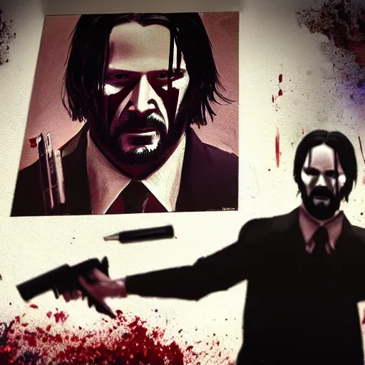 Image similar to john wick in the purge, artstation hall of fame gallery, editors choice, #1 digital painting of all time, most beautiful image ever created, emotionally evocative, greatest art ever made, lifetime achievement magnum opus masterpiece, the most amazing breathtaking image with the deepest message ever painted, a thing of beauty beyond imagination or words, 4k, highly detailed, cinematic lighting