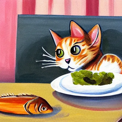 Prompt: cute painting of a cat trying to steal a fish from a plate on a dinner table