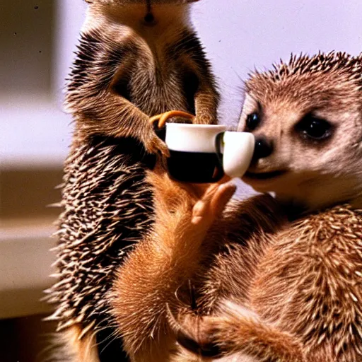 Image similar to meerkat with hedgehog drinking coffee, cinematic, kodachrome