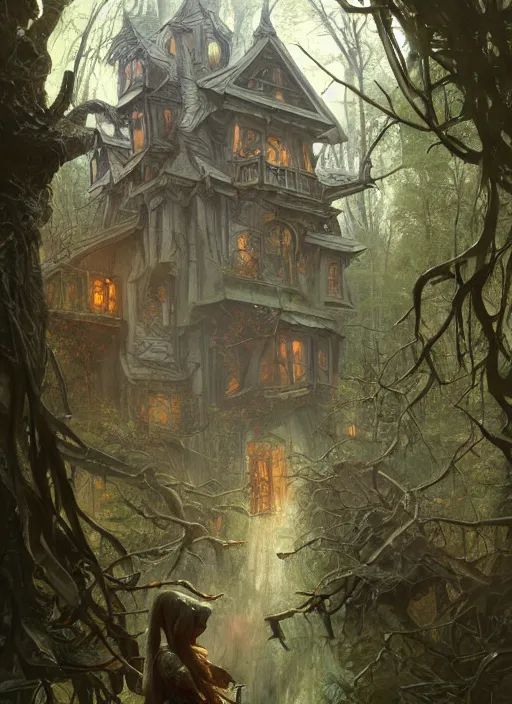 Prompt: haunted house in the middle of the woods, d & d, fantasy, intricate, elegant, highly detailed, digital painting, artstation, concept art, matte, sharp focus, illustration, hearthstone, art by artgerm, art by greg rutkowski, art by alphonse mucha