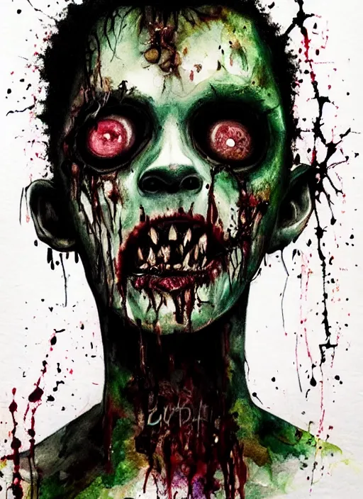 Prompt: black zombie hollywood artwork professional acting headshot, hyperrealism, intricate detail, studio lighting, charming expression gesicht, hauntingly beautiful zombie, watercolor art, epic, legendary, drawn and painted, colored layers, dulled contrast, exquisite fine art, splatterpaint