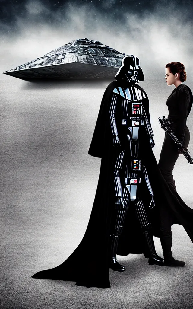 Image similar to darth vader and kristen stewart staying together in front of, on the background star destroyer landed on the wood ground, romantic poster for the twillight movie