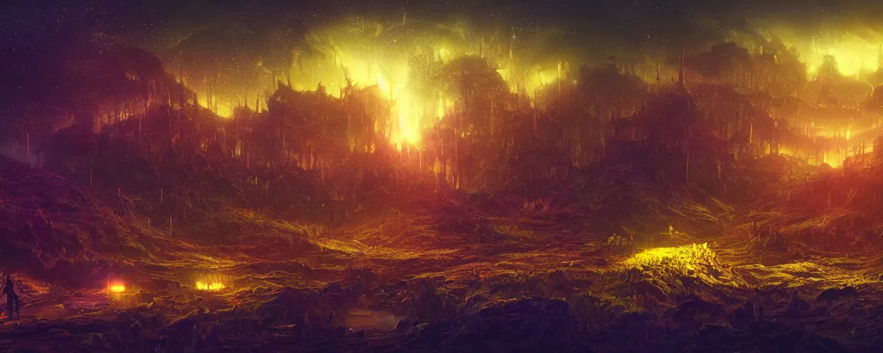 Image similar to ” otherwordly landscape at night, [ bioluminescense, cinematic, detailed, epic, widescreen, opening, establishing, mattepainting, photorealistic, realistic textures, octane render, art by slop and paul lehr ] ”