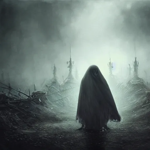 Prompt: ominous bedsheet ghost walking through the center of a battlefield, oil painting, gloomy misty atmosphere, symmetrical, full body image, highly ornate intricate details, very sharp photo,