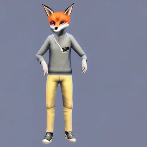 Prompt: anthropomorphic grey fox dressed in casual clothing, character in The Sims 4, indoors, in game screenshot