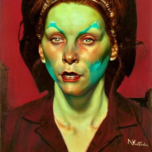 Image similar to Frontal portrait of a demon. The texture of her skin is a mixture of cyan flesh and boney marble. A painting by Norman Rockwell.