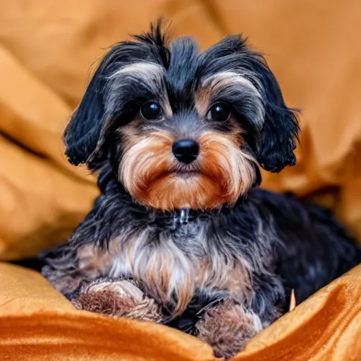 Image similar to yorkiepoo sitting in a pile of mochi, realistic, hd