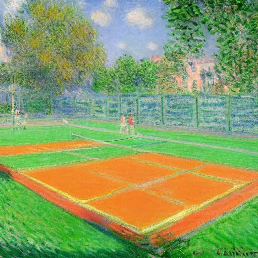 Image similar to tennis court, art by claude monet, impressionism, oil painting, bright colors, advertising painting