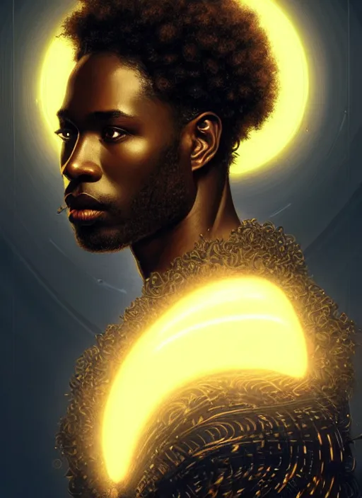 Prompt: symmetry!! portrait of african man warrior, curly hair, tech wear, glowing lights!! intricate, elegant, highly detailed, digital painting, artstation, concept art, smooth, sharp focus, illustration, art by artgerm and greg rutkowski and alphonse mucha