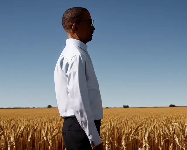 Image similar to walter white gustavo fring facing each other in a wheat field, side view, 3 5 mm photograph, 8 k resolution, wide shot, sharp lens