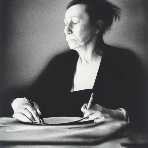 Image similar to overpainted photography portrait of a tired woman smoking a cigarette at a table by gerhard richter, dim light, black and white