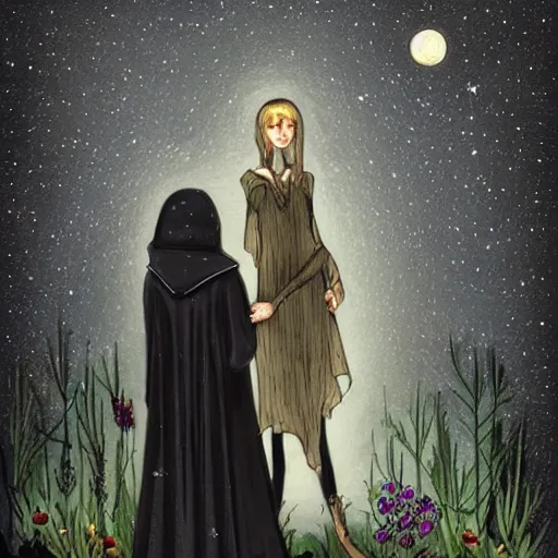 Image similar to a tall goth brunette woman in a black hooded cloak, standing beside a short butch blonde tomboy woman engineer, in a garden at night, soft and romantic, illustration, highly detailed, dark muted colors, constellations