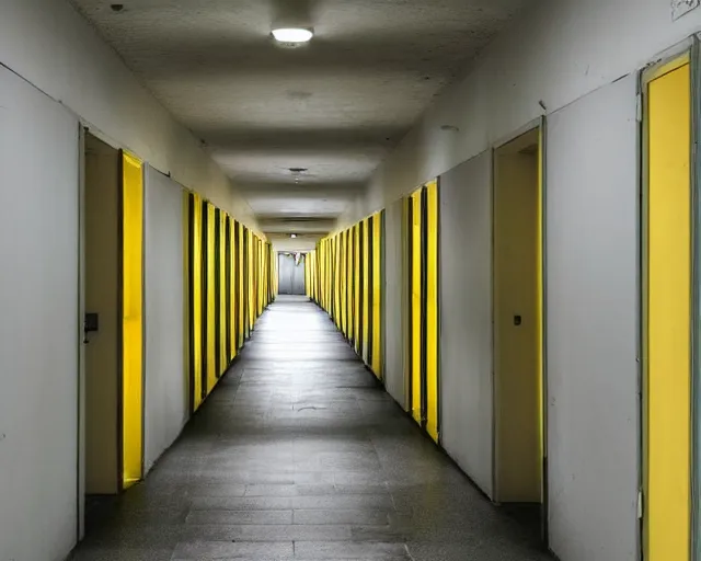 Image similar to an empty partially dark liminal space hallway that looks like the backrooms, photograph, horror, yellow lighting