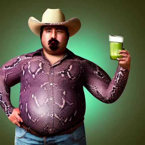 Image similar to hyperreal morbidly obese 2000kilo snake oil salesman wearing authentic purple green sip tech cowboy augmentation and curly snake moustache, fat man standing in front of blank background