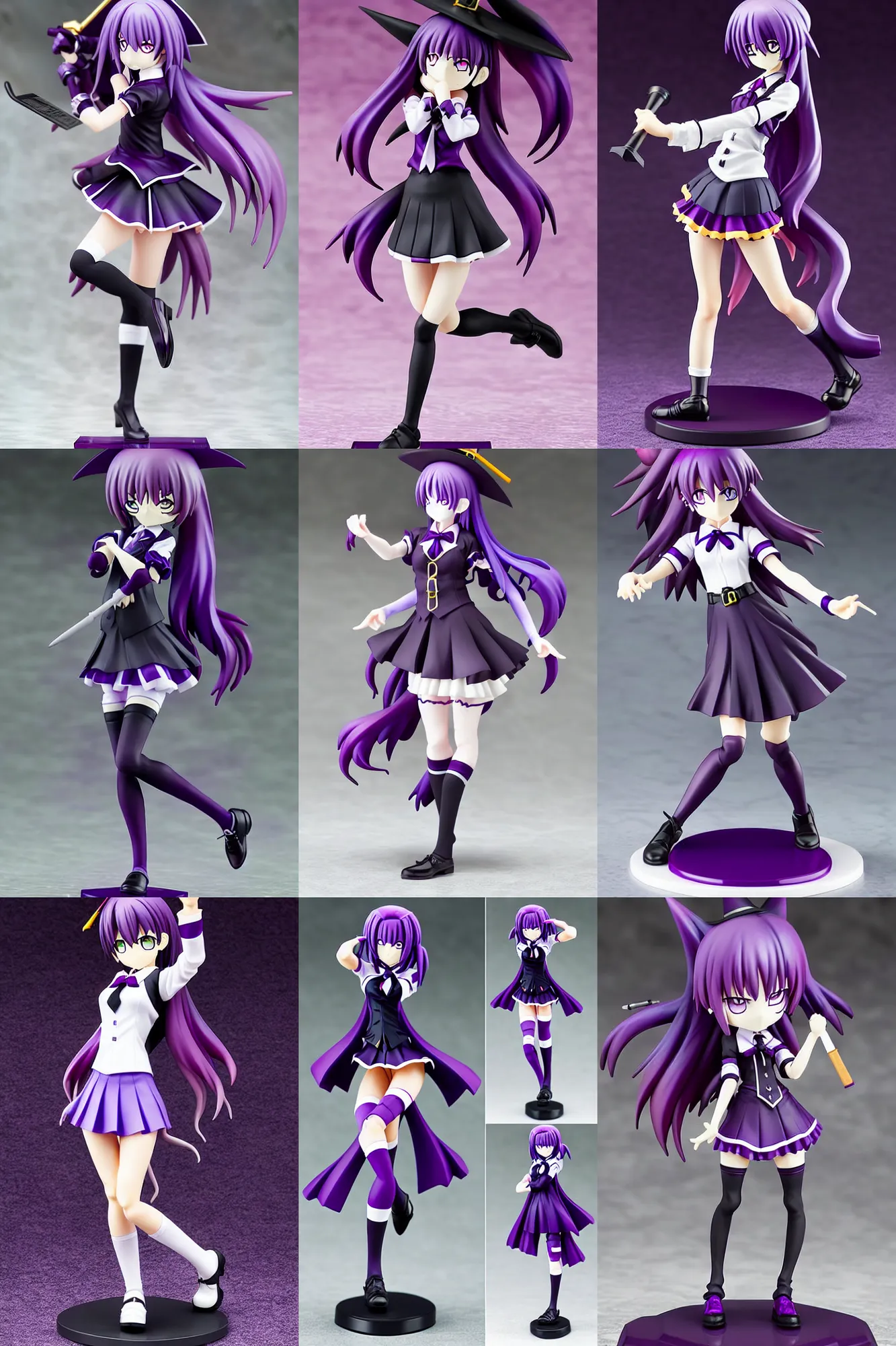 Prompt: still figurine of student witch anime girl wearing magic school uniform, purple to black fade hair color, undercut hairstyle, personification, dynamic pose, detailed product photo, featured on amiami, beautiful composition, by akihiko yoshida