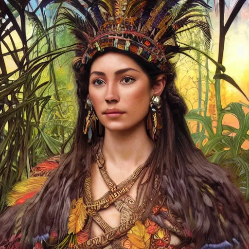 Image similar to portrait of a beautiful alluring female aztec queen in a dense jungle at sunset, detailed, centered, digital painting, artstation, concept art, donato giancola, alphonse mucha, Joseph Christian Leyendecker, WLOP, Boris Vallejo, Breathtaking, 8k resolution, extremely detailed, beautiful, establishing shot, artistic, hyperrealistic, beautiful face, octane render