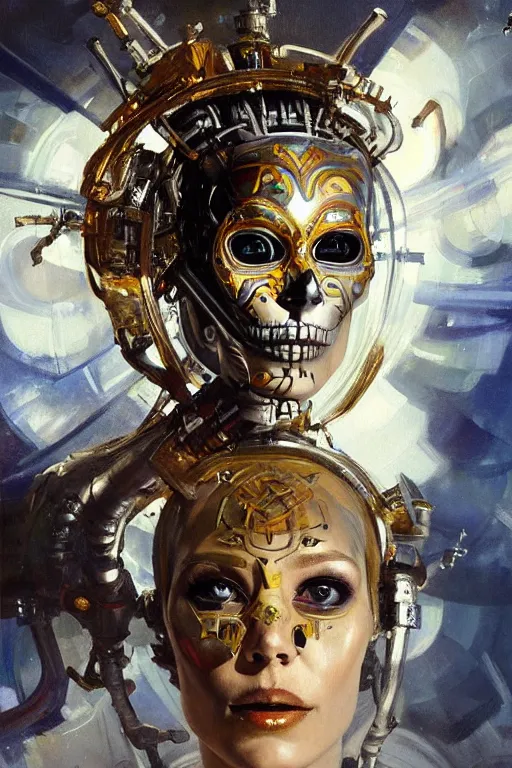 Image similar to beautiful expressive oil painting portrait of futuristic god queen, silver exoskeleton, with a gold sugar skull mask, cyberpunk, alien semiotic symbols, art by anders zorn, wonderful masterpiece by greg rutkowski, beautiful cinematic light, american romanticism by greg manchess, jessica rossier
