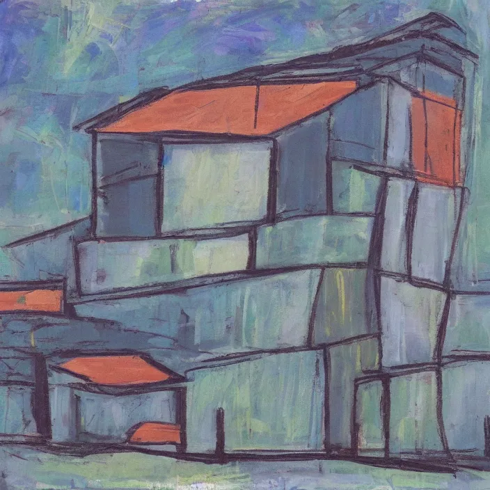 Image similar to a building in a serene landscape, expressionism