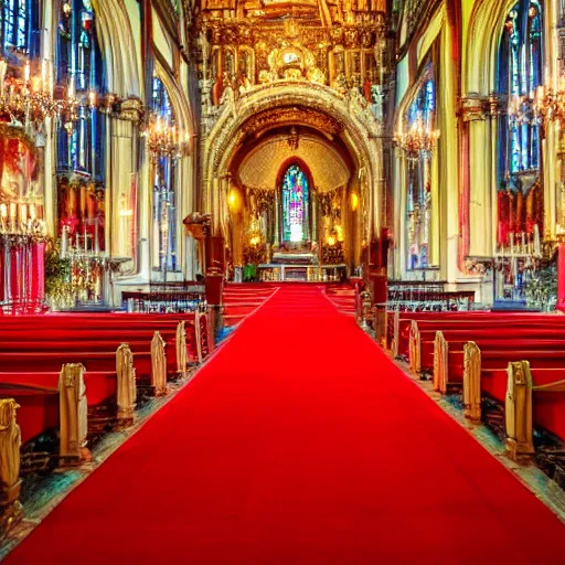 Image similar to a church with a red carpet and chandeliers, a colorized photo by pacita abad, shutterstock contest winner, baroque, sanctuary, ornate, colorized