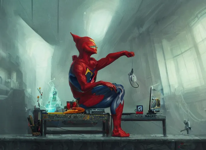 Image similar to an insanely detailed painting of an asian man wearing a homemade superhero costume, sitting at a desk, staring seriously at the computer and typing, in the style of peter mohrbacher, james jean, ruan jia, dramatic lighting and composition, surreal background, octane render, pixar, trending on artstation, concept art, comic book, view from behind, 8 k