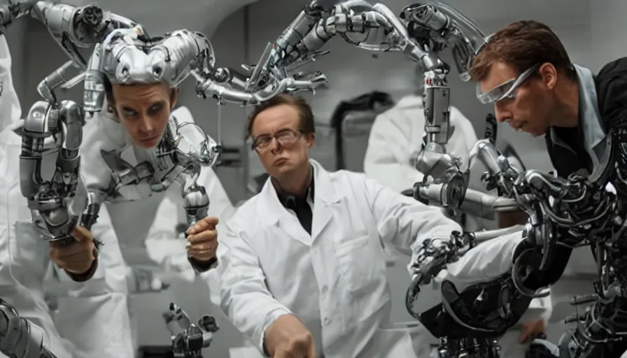 Image similar to big budget action movie about scientists building a cyborg.