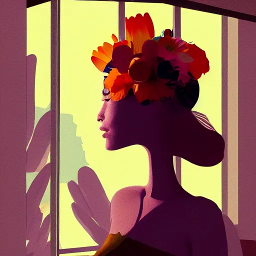 Image similar to giant flower under head, woman next to modern windows, luxury apartment, surreal photography, dramatic light, impressionist painting, digital painting, artstation, james gilleard