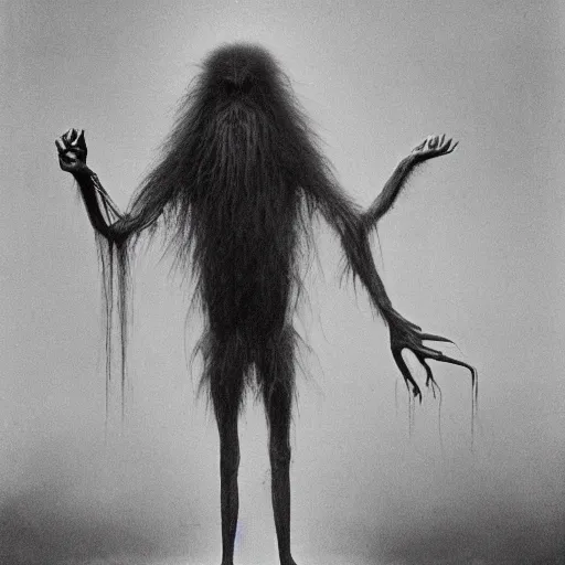 Prompt: vintage snap photography of realistic walking faceless beast-god with many long arms, a huge body covered with deep furs by Zdzisław Beksiński, odd eye, dark fantasy, fat, unbalanced , blur, haze, fog, vignetting, platinum printing