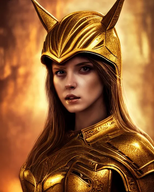 Image similar to matte painting portrait of woman in shining golden armor, high production value, intricate details, high resolution, hdr, high definition, masterpiece, realistic, ultrarealistic, highly detailed, hd, sharp focus, non blurry, sharp, smooth