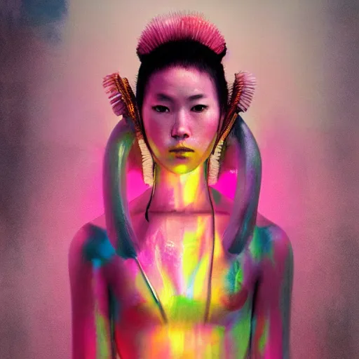 Image similar to a futuristic female geisha warrior in komono by cy Twombly and BASTIEN LECOUFFE DEHARME, pink and yellow, iridescent, volumetric lighting