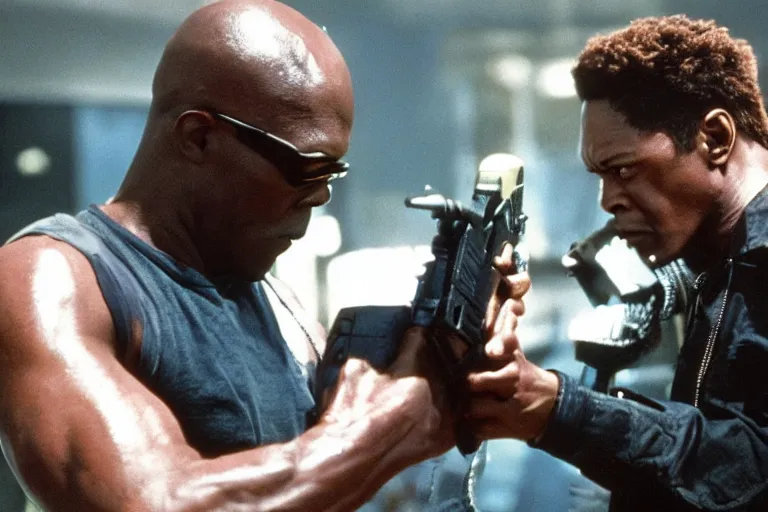 Prompt: Samuel L. Jackson plays Terminator and kills pikachu, action scene from the film